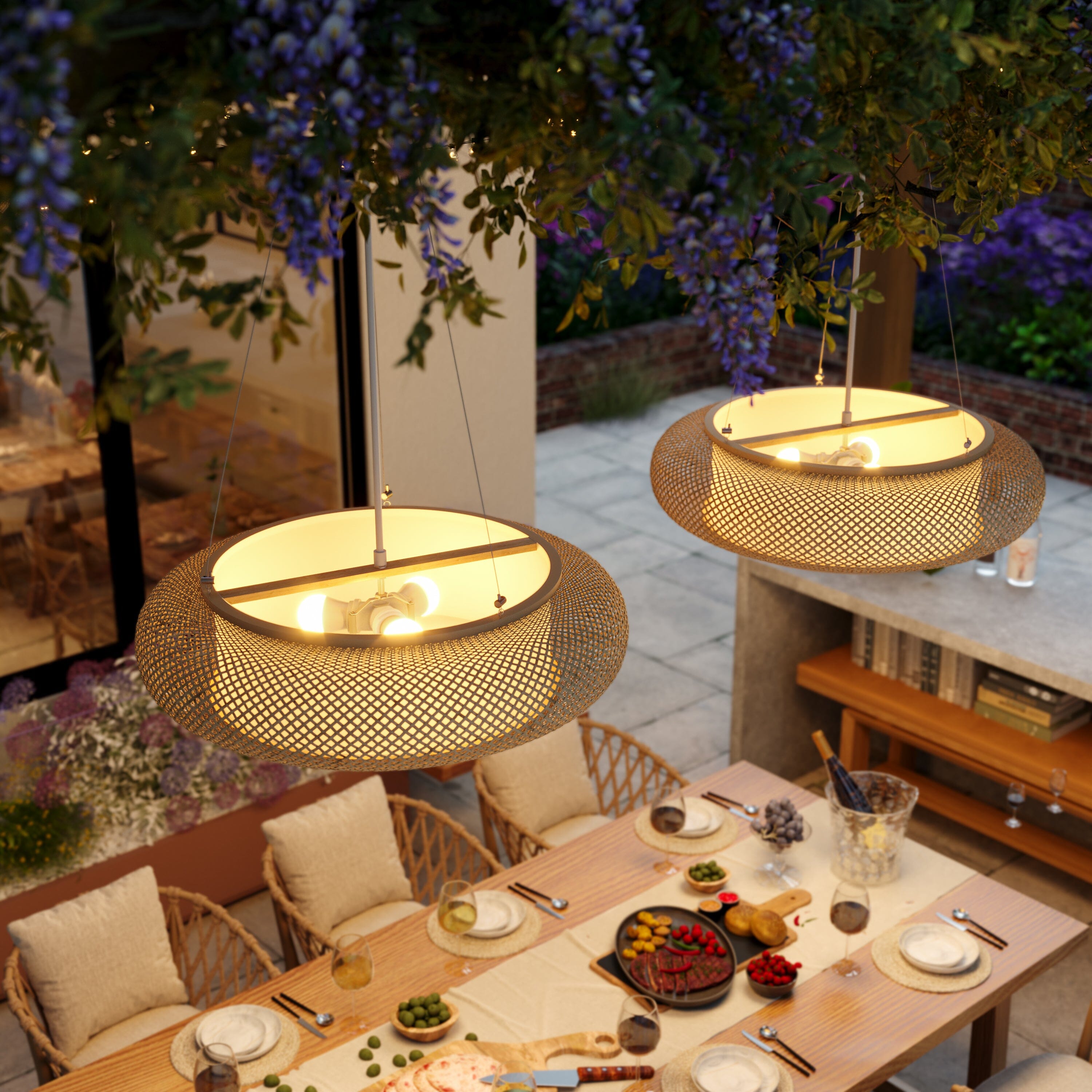 overhead bamboo pendant lights above an outdoor table