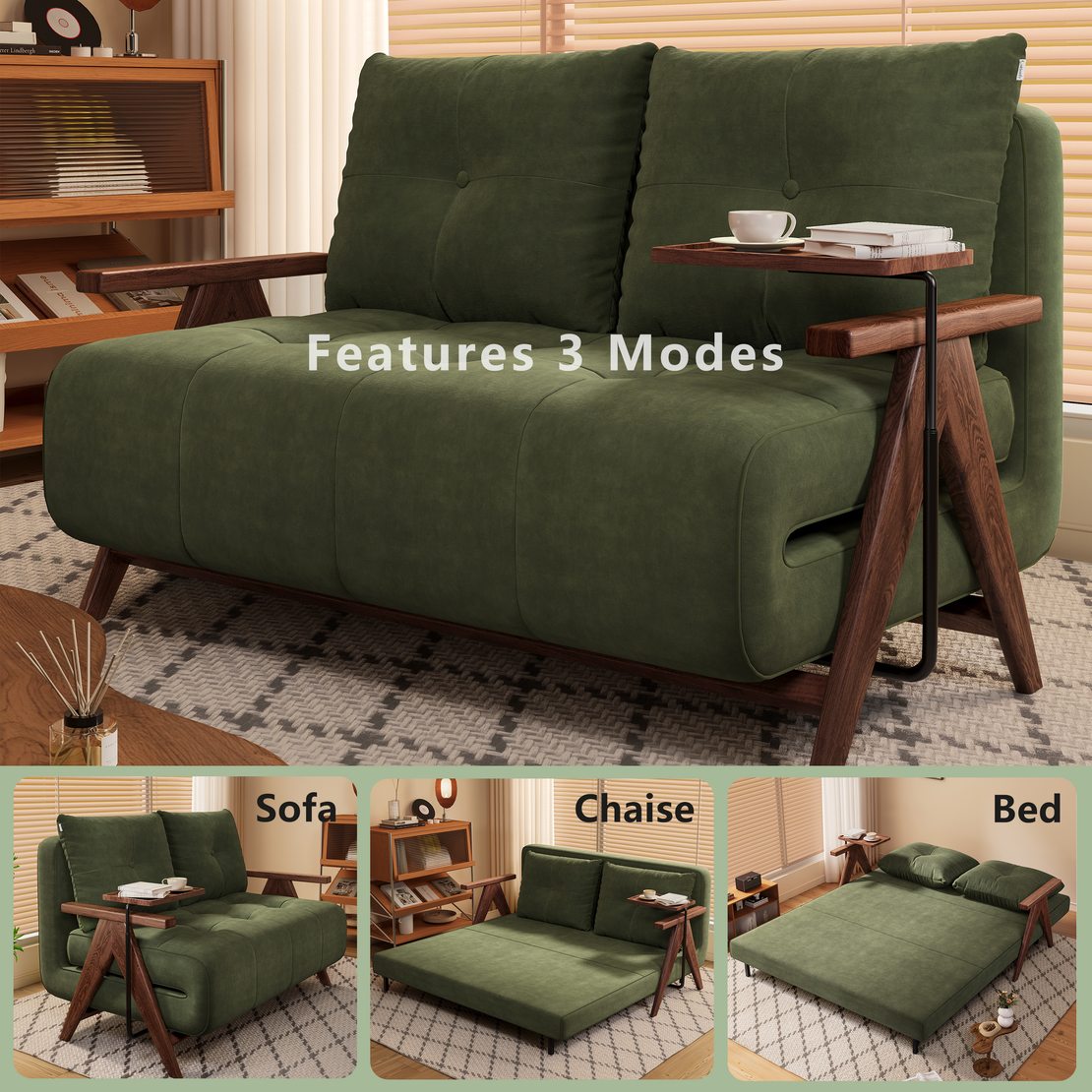 Cottonfy Foldable Matte Fabric Solid Wood 3 Mode Sofa Bed 3 modes 3 in 1 Features
