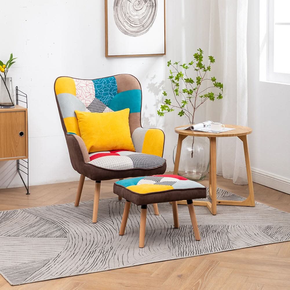 101cm H Patched Fabric Wingback Chair Footstool Set
