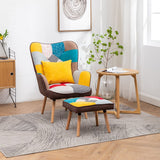 Multicolour Patched Fabric Wingback Chair and Footstool Set Wingback Chairs Living and Home 
