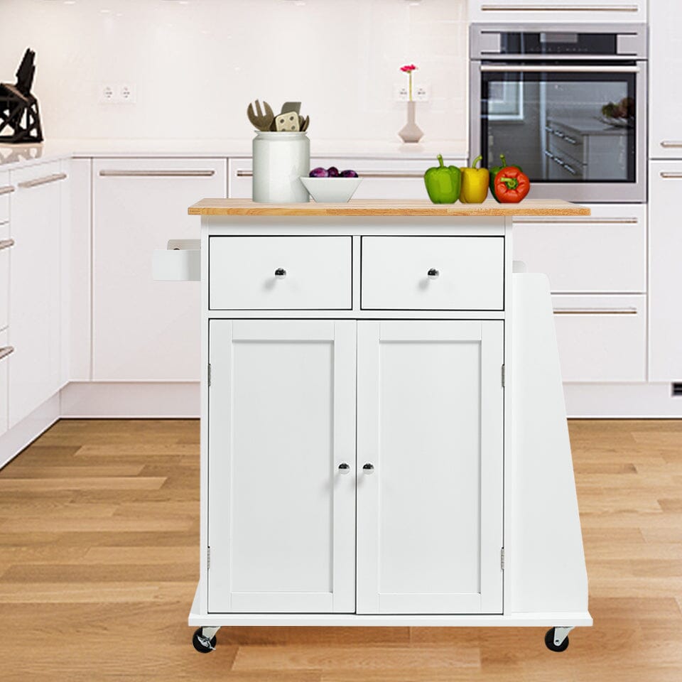 88cm W Natural Rolling Kitchen Trolley with Rubber Wood Top Kitchen Trolleys Living and Home 