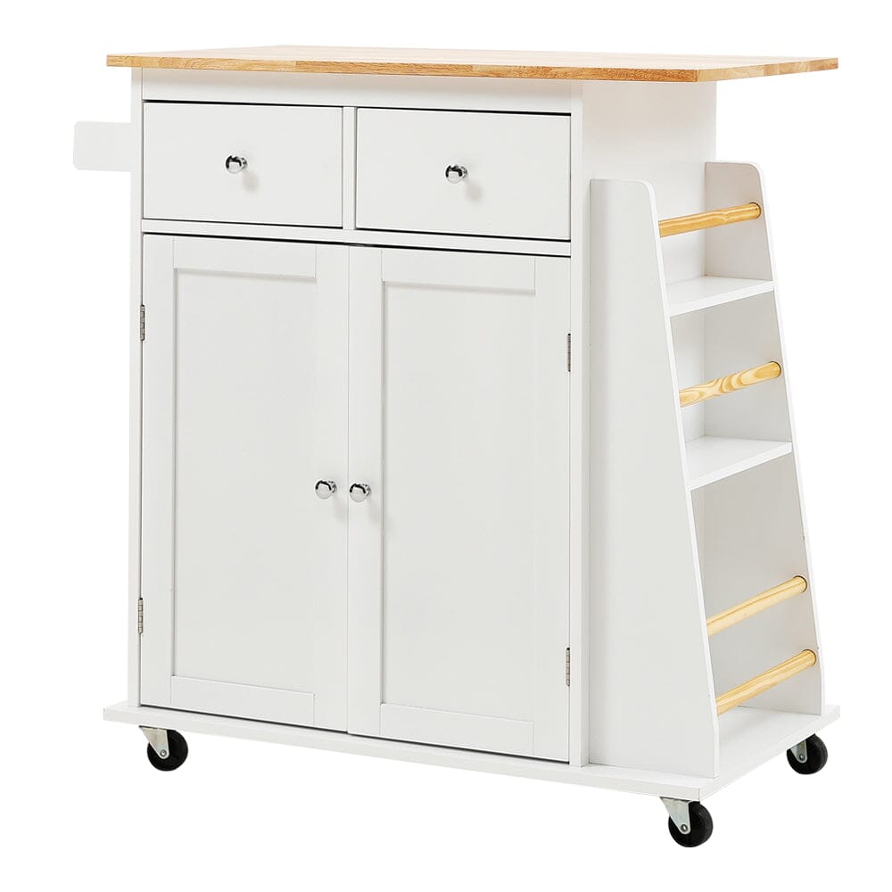 88cm W Natural Rolling Kitchen Trolley with Rubber Wood Top Kitchen Trolleys Living and Home 