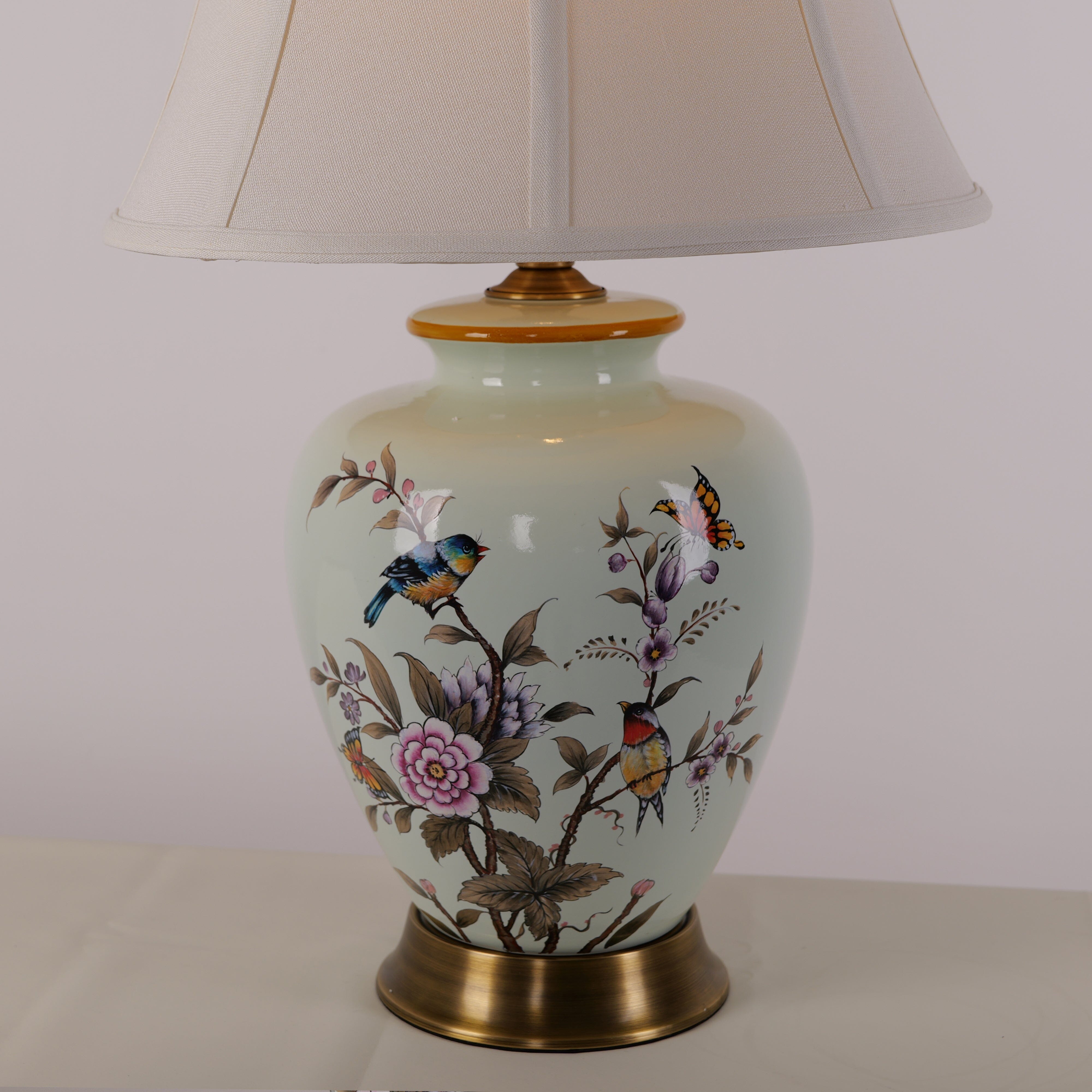 Lightsin Hand-Painted Vintage Ceramic Bird & Floral Table Lamp in Soft Celadon Green Lightsin UK 
