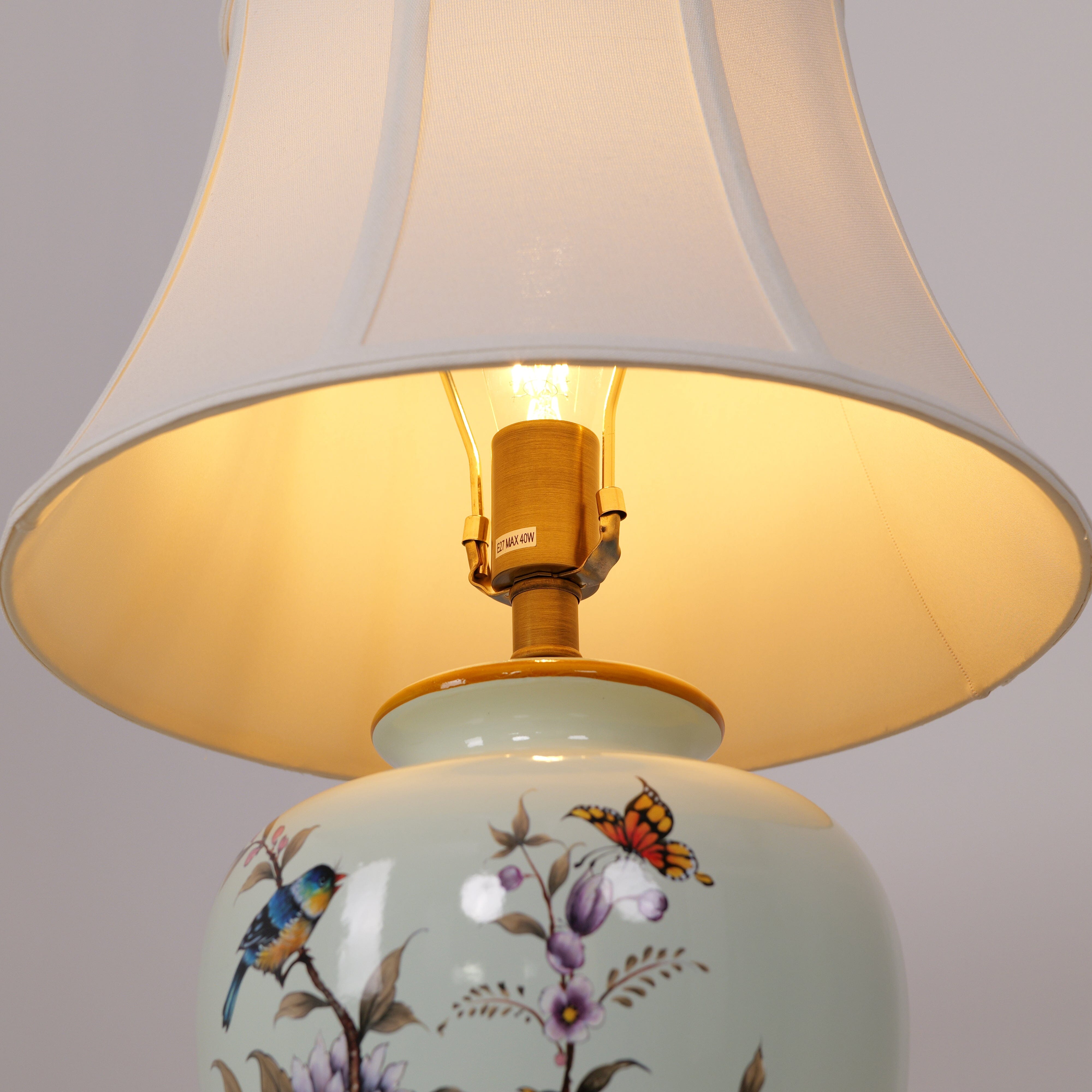 Lightsin Hand-Painted Vintage Ceramic Bird & Floral Table Lamp in Soft Celadon Green Lightsin UK 