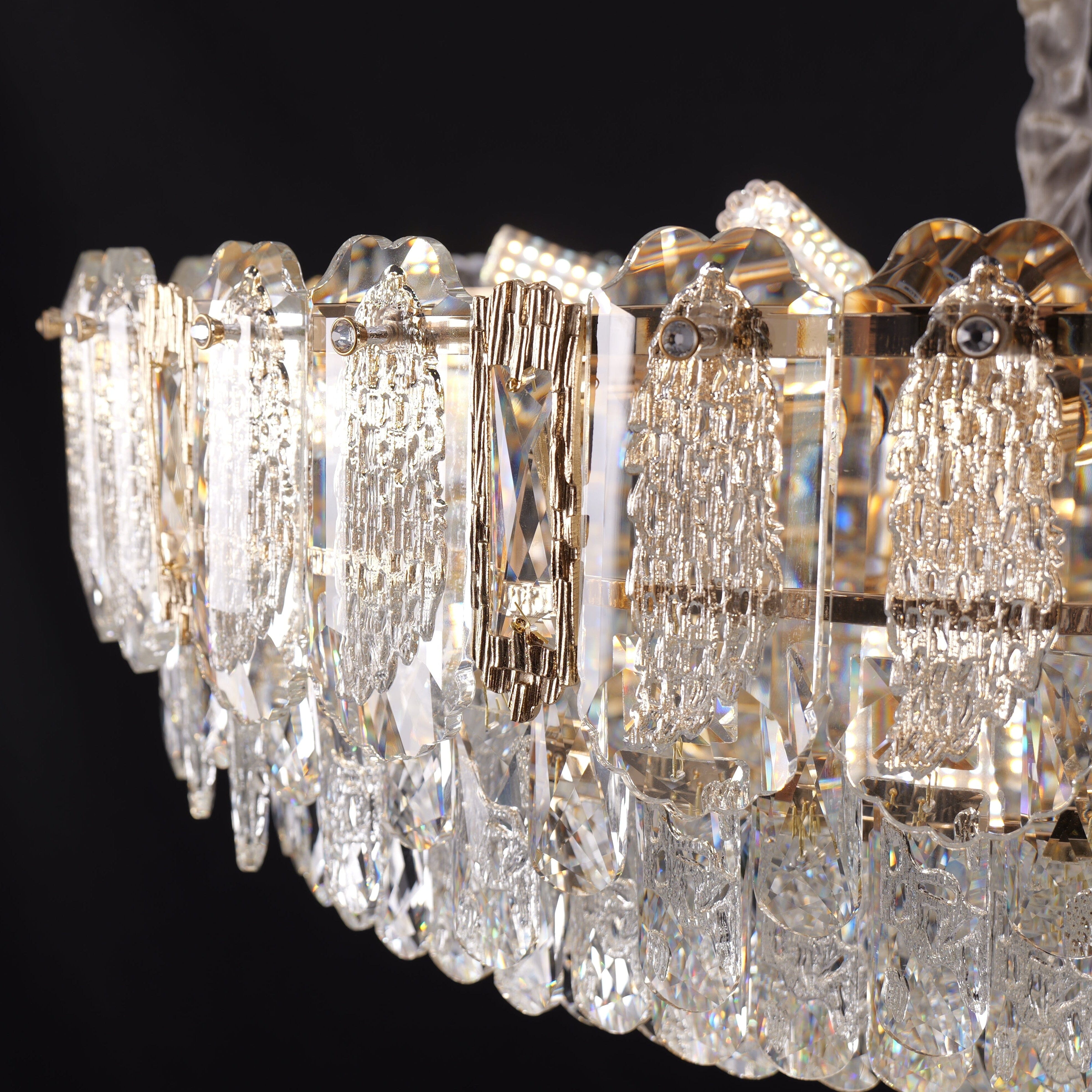 champagne gold crystal chandelier side detail of crystal ring and gold frame