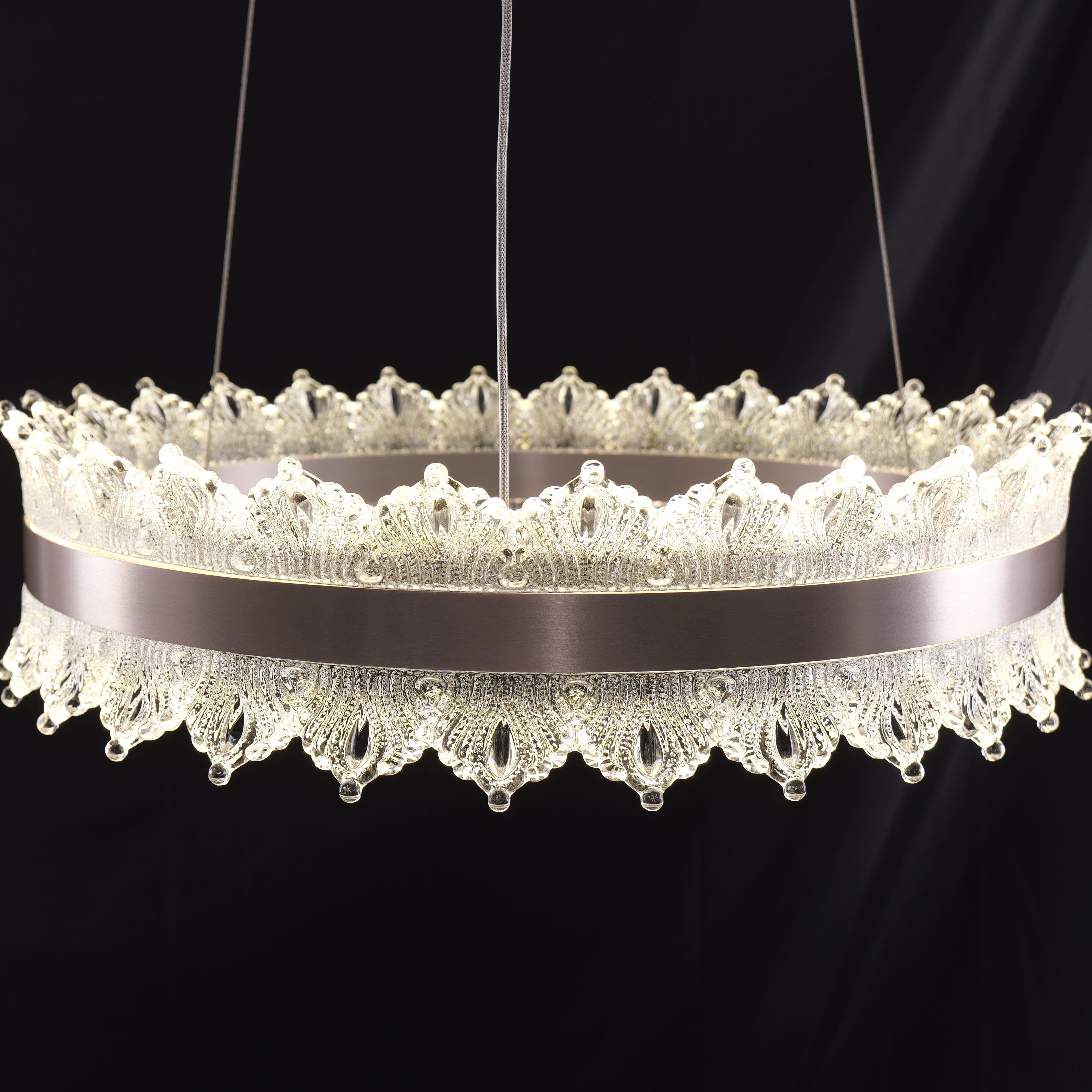 dimmable metal ring pendant light close-up of crystal-style acrylic edge