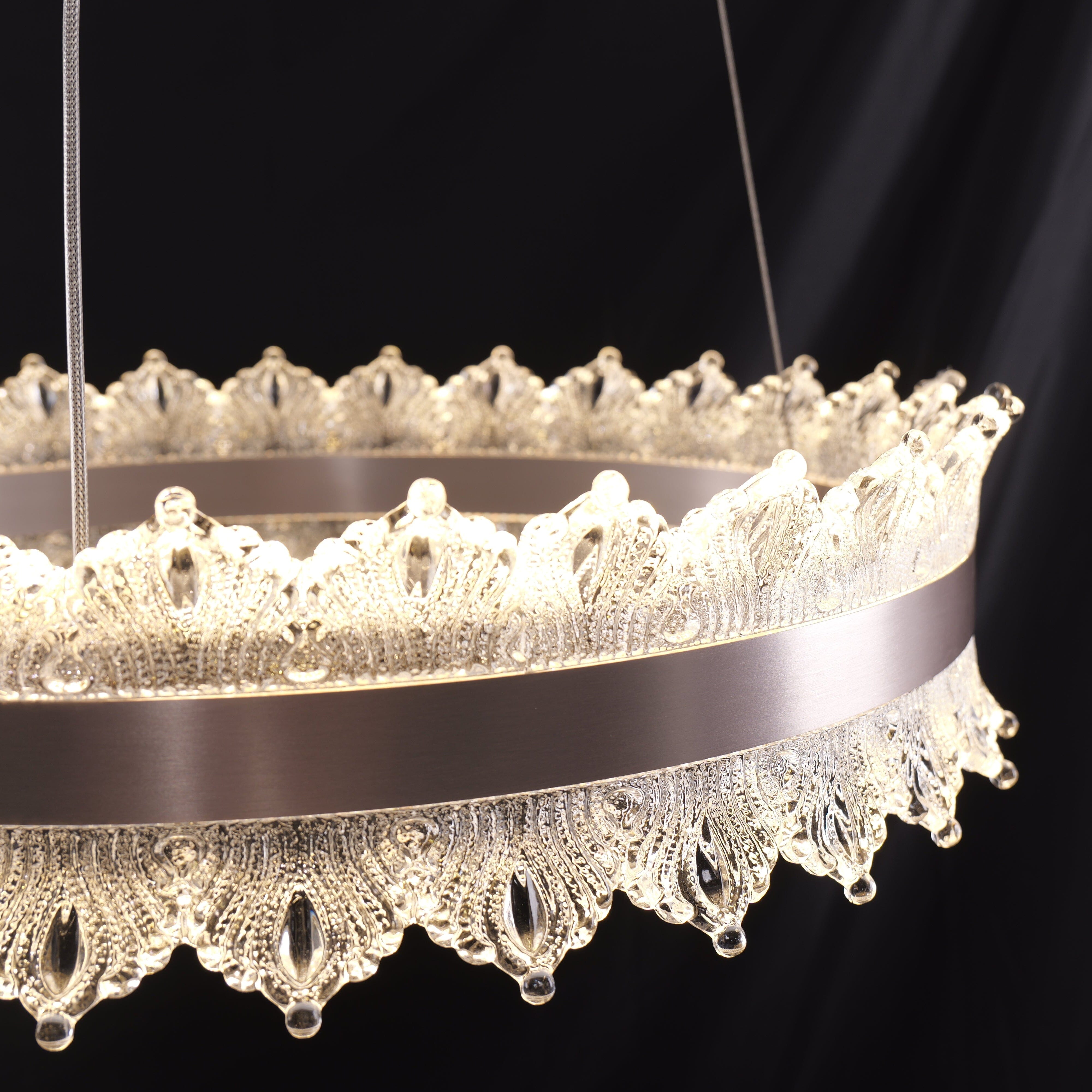 dimmable metal ring pendant light detail of crystal edge on silver ring