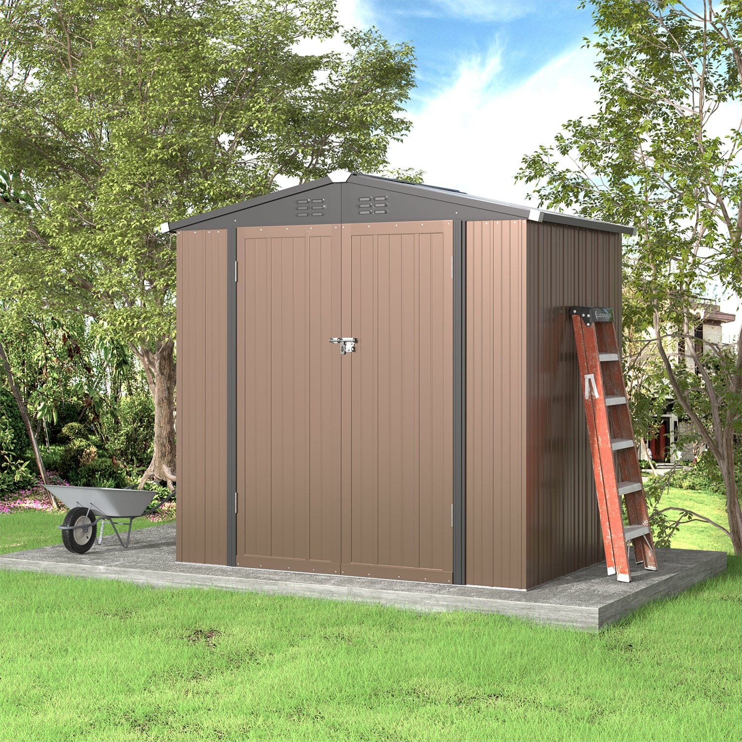5 x3 /6.5 x4 /8 x6 ft Classic Lockable Tool Storage Bike Shed Brown Metal Shed Garden Sheds Living and Home 