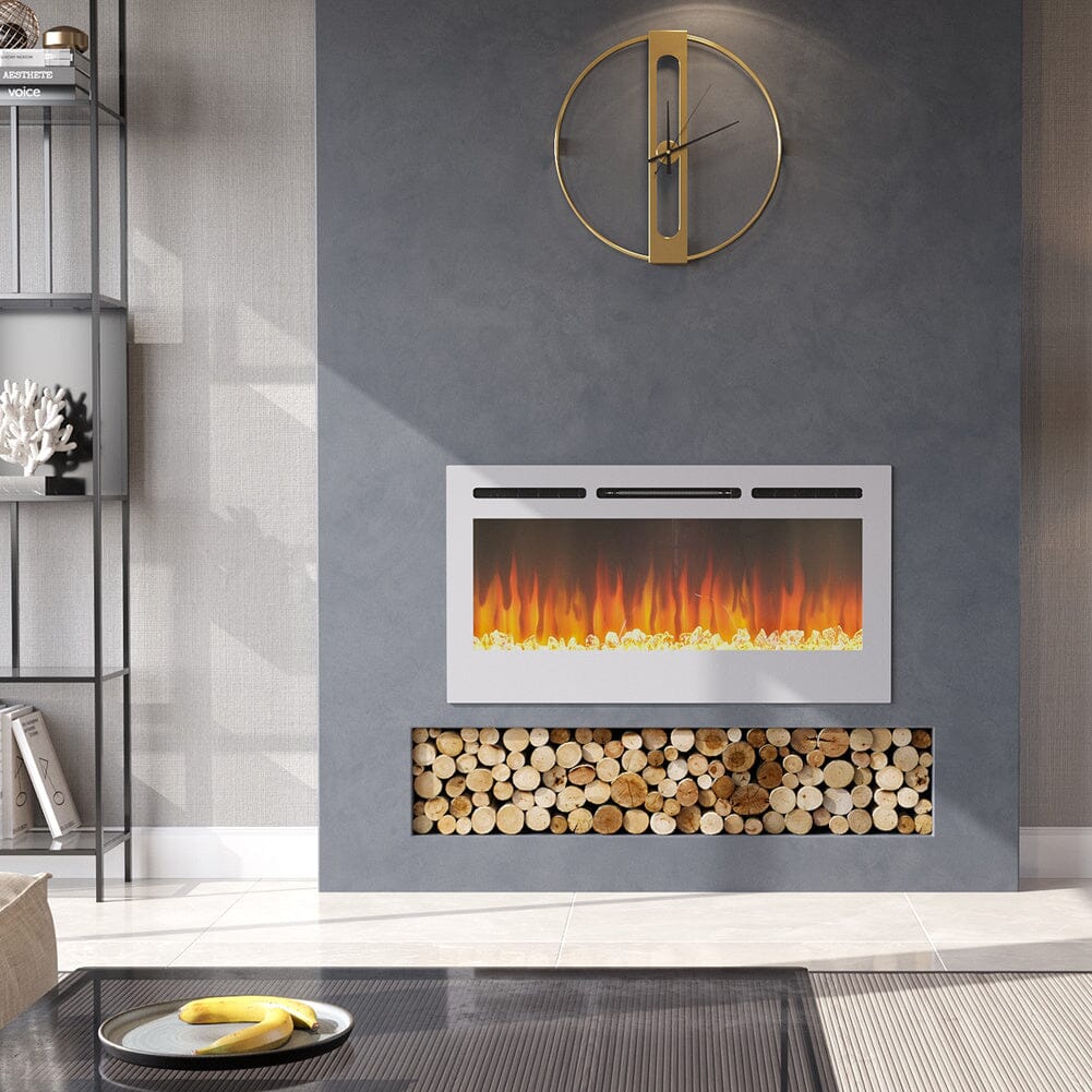Linear Electric Fireplace Recessed in White Living and Home 