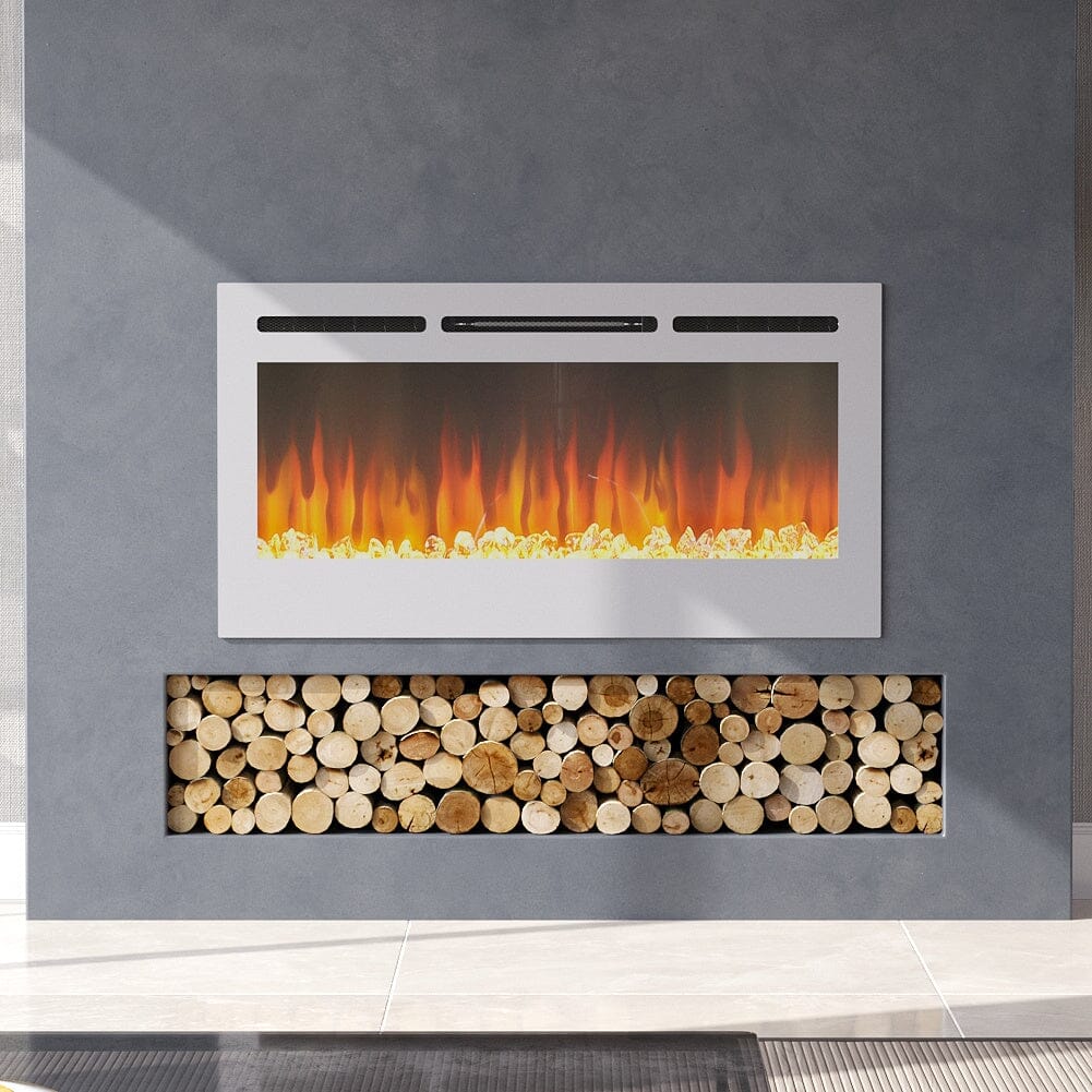 Linear Electric Fireplace Recessed in White Living and Home 