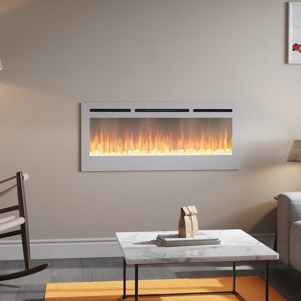 Linear Electric Fireplace Recessed in White Living and Home 