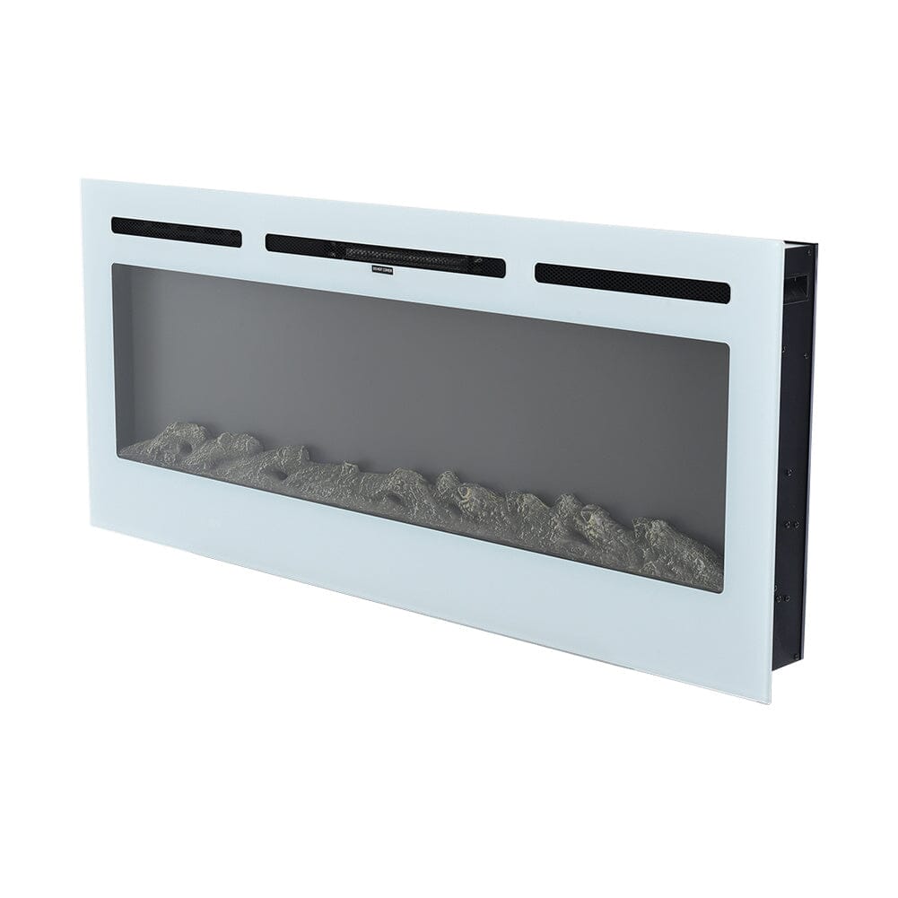 Linear Electric Fireplace Recessed in White Living and Home 