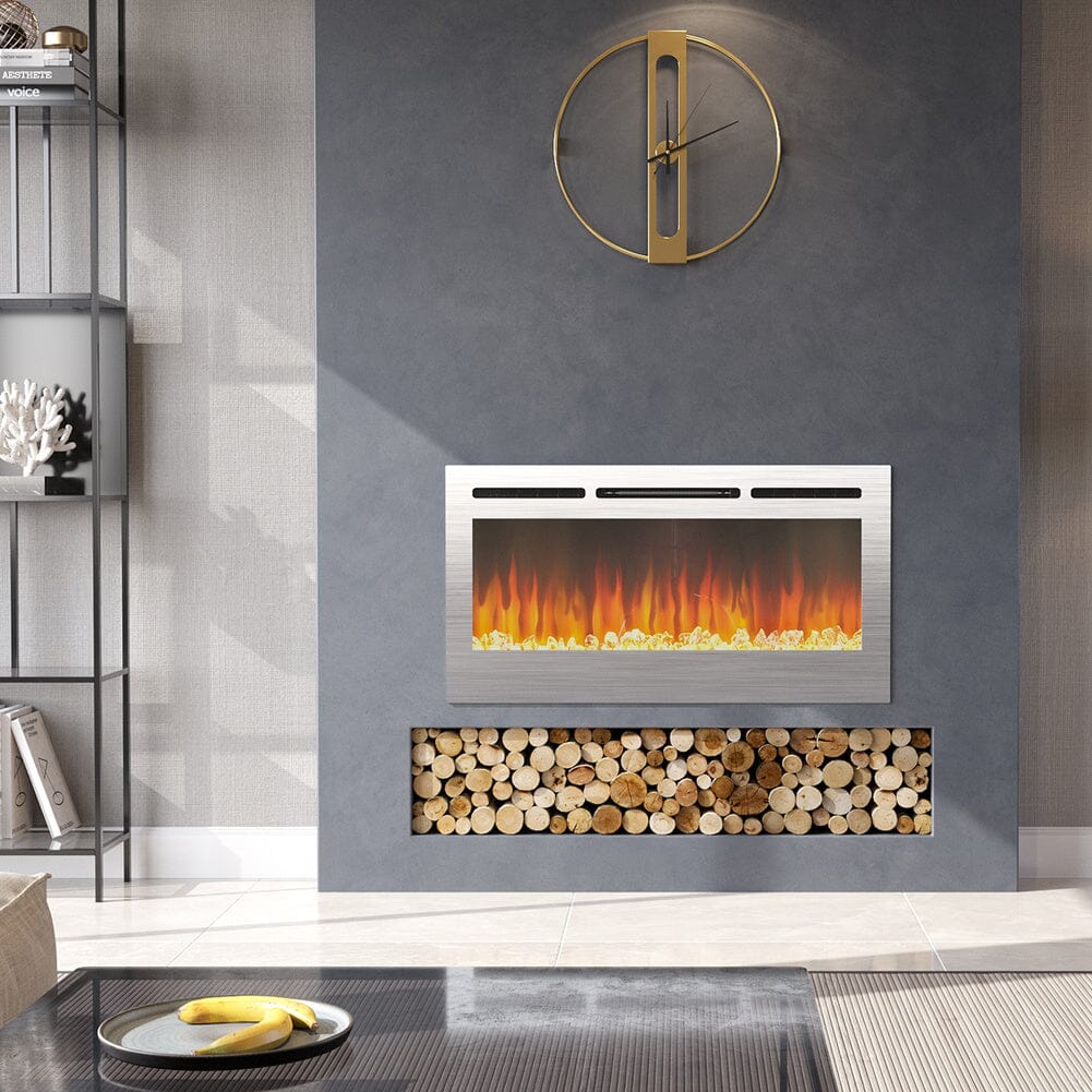 Linear Electric Fireplace Recessed in Chrome Living and Home 