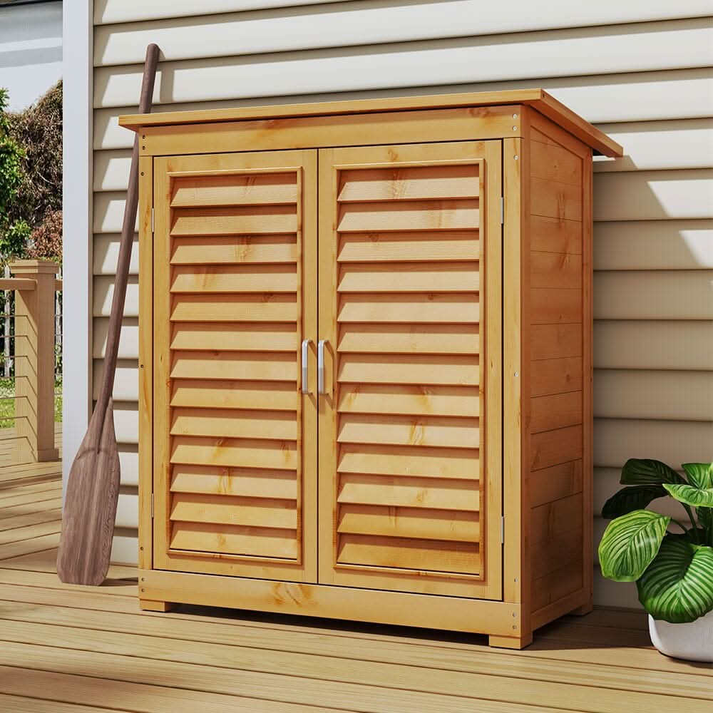 97cm H Wood Outdoor Solid Wood Storage Cabinet Garden Tool Shed – Living and Home