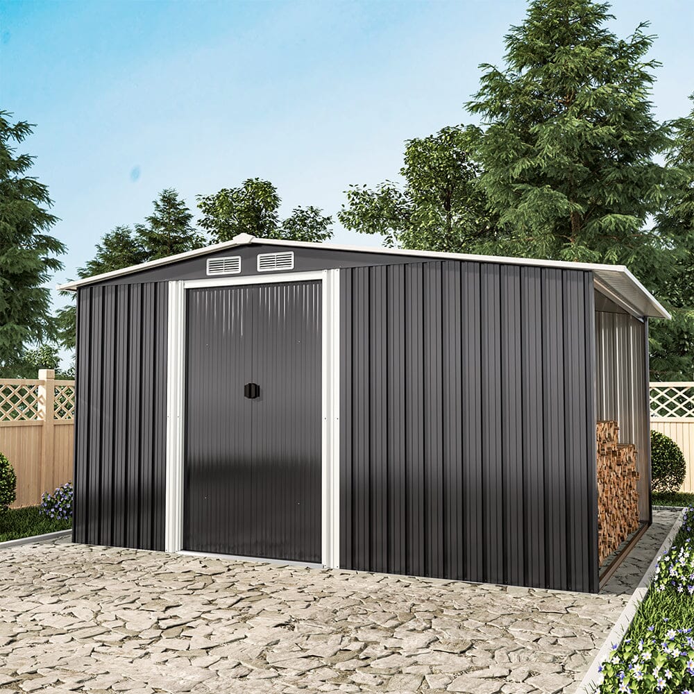 Garden Steel Shed Gable Roof Top with Firewood Storage Garden Sheds Living and Home 6.8' x 10.8' 