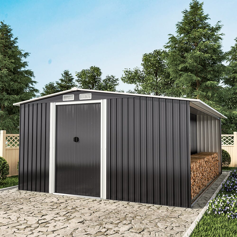 Garden Steel Shed Gable Roof Top with Firewood Storage Garden Sheds Living and Home 10.3' x 10.8' 