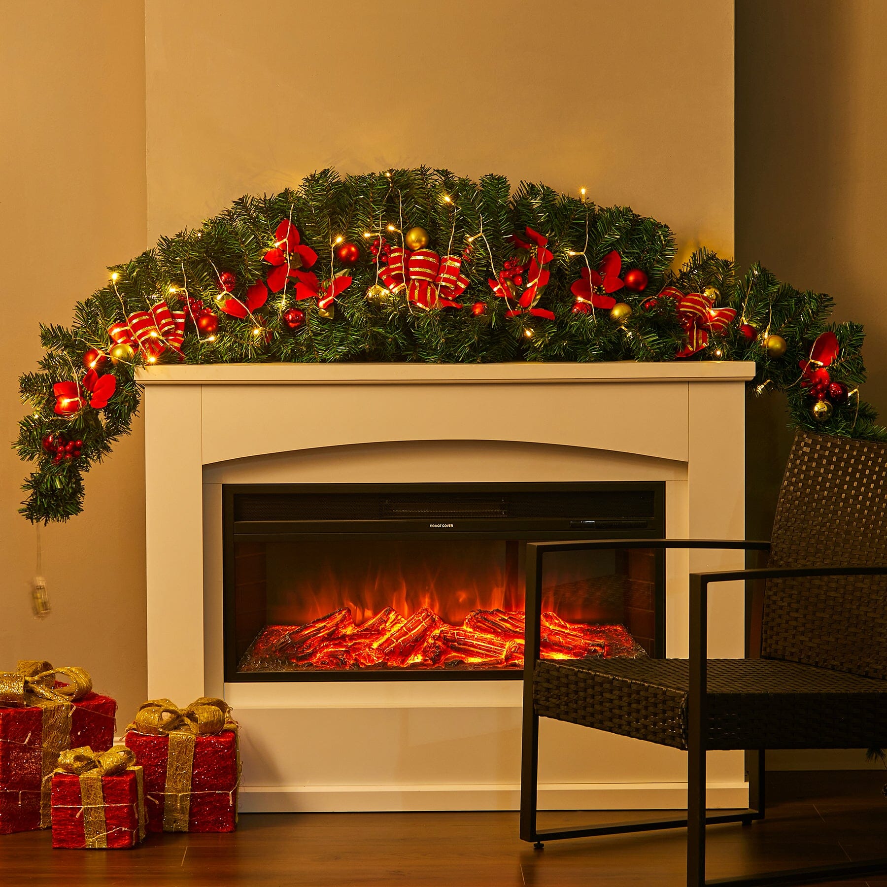 Christmas Rattan Garland 1.8m with 250 Rattan Branches, Bows, Christmas Balls, and Greenery Living and Home 