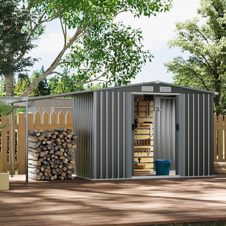 4×8 ft/ 6×8 ft Metal GardenStorage Shed with Log Storage Garden Sheds Living and Home 