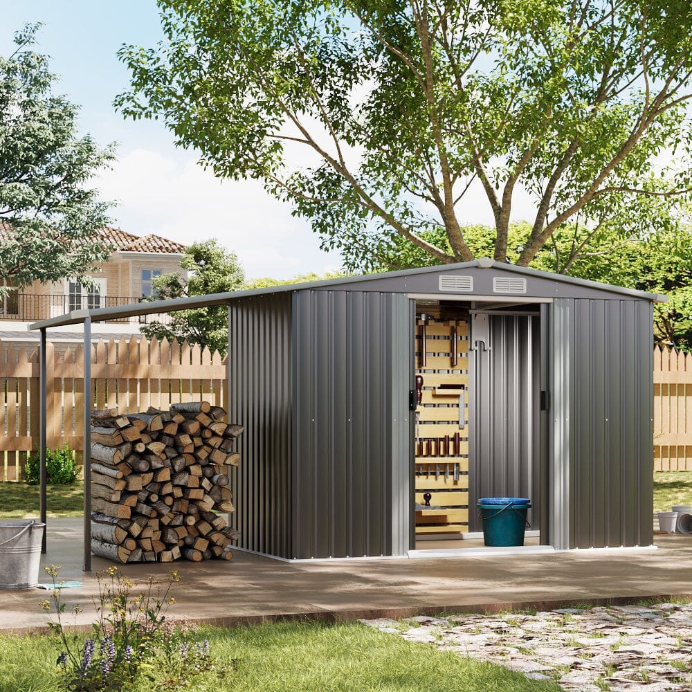 8×8ft/ 10×8ft Metal Grey Outdoor Storage Shed with Lean-to Living and Home 