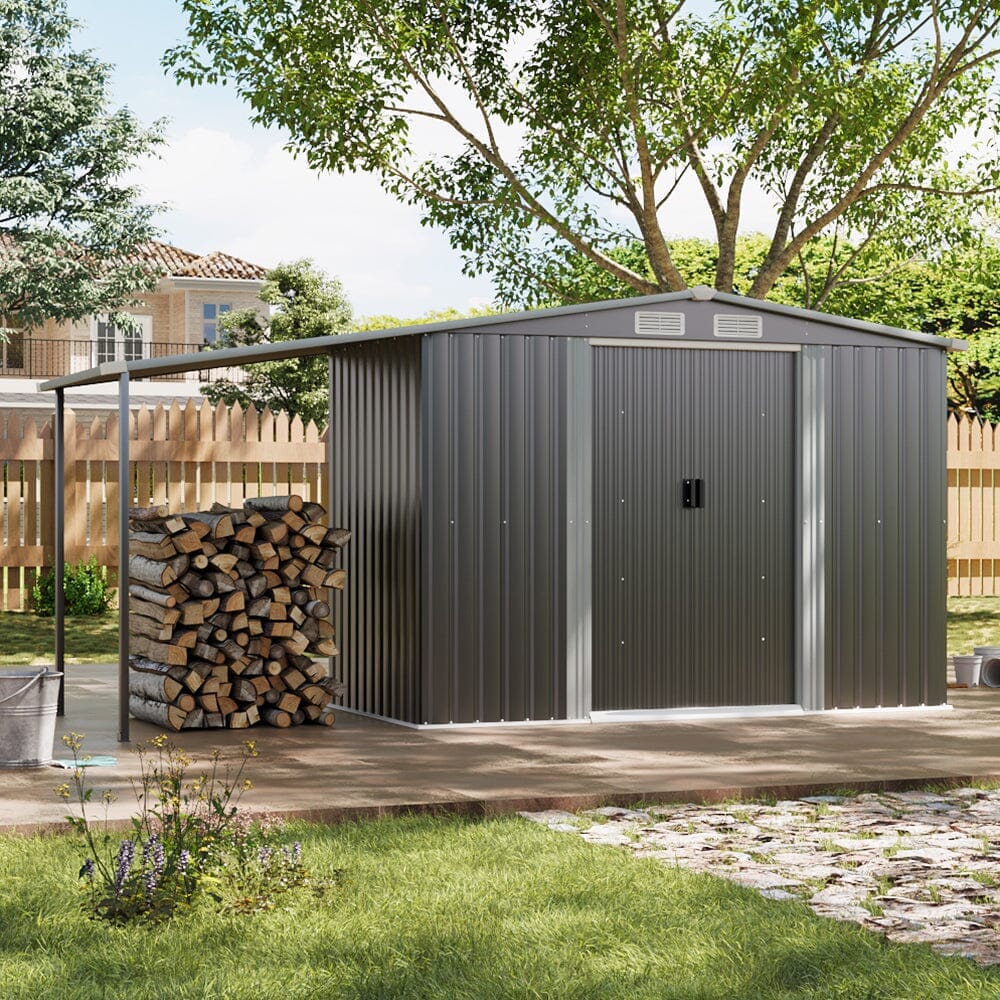 8×8ft/ 10×8ft Metal Grey Outdoor Storage Shed with Lean-to Living and Home 