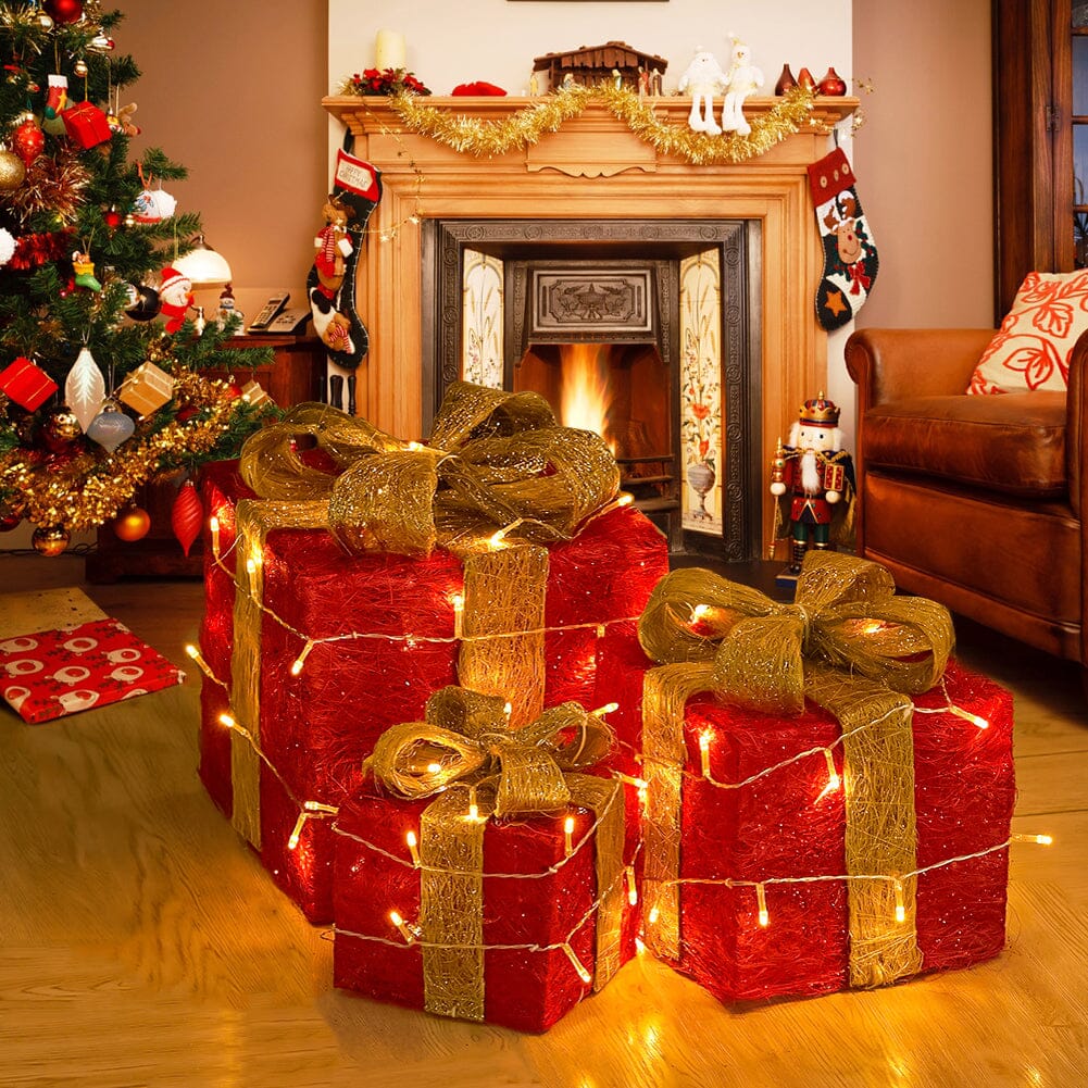 ‍Pre-Lit Golden Christmas Gift Box Set with Warm Lights (100% off) Living and Home 