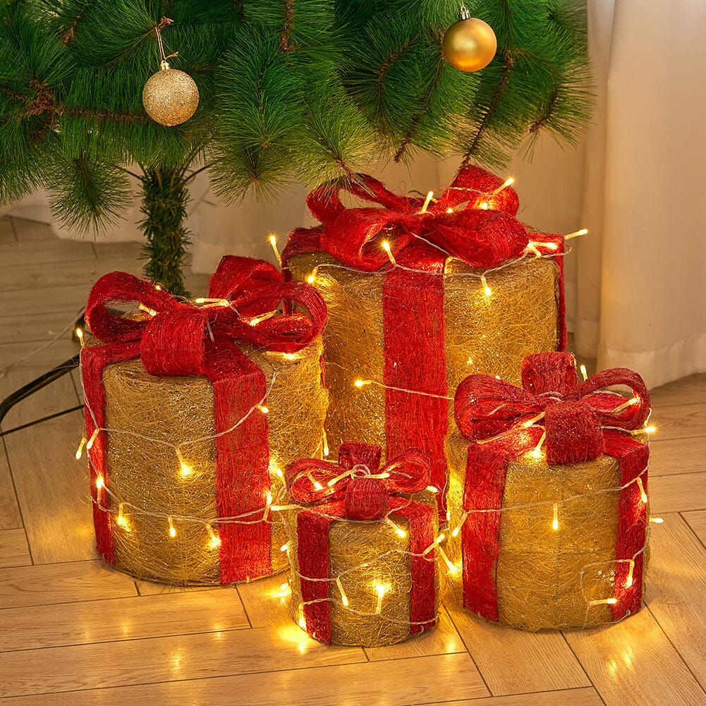 4-Piece Lighted Gold Jute Christmas Round Ornaments (15/20/25/30cm) Lightsin UK 