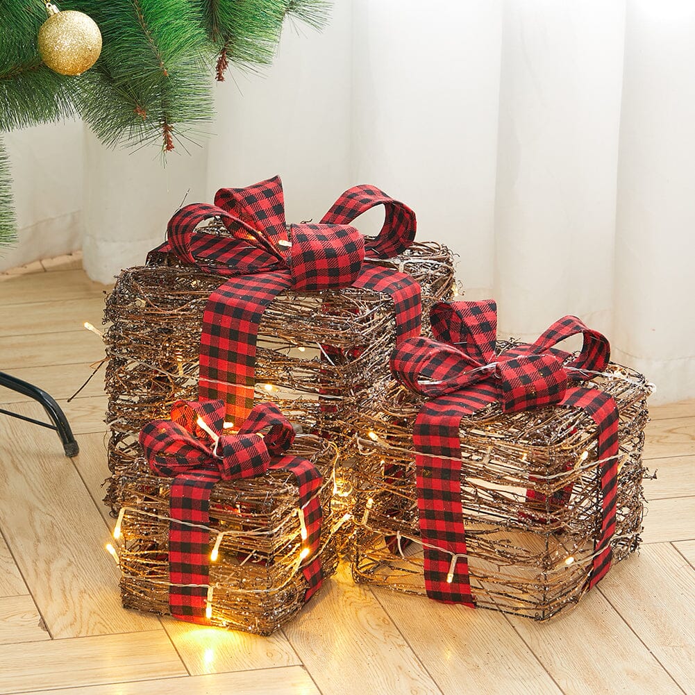 Pre-Lit Woven Christmas Gift Box Set with Checked Bows Christmas Living and Home 