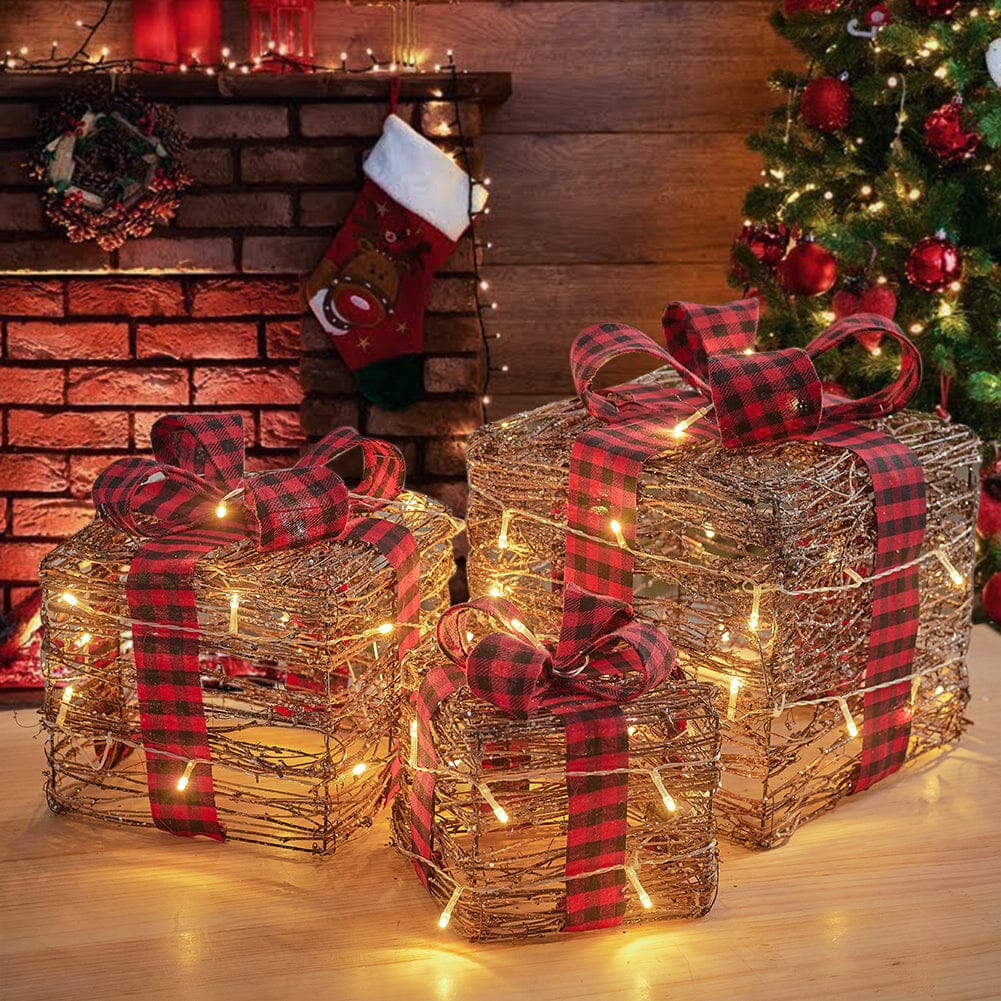Pre-Lit Woven Christmas Gift Box Set with Checked Bows Christmas Living and Home 