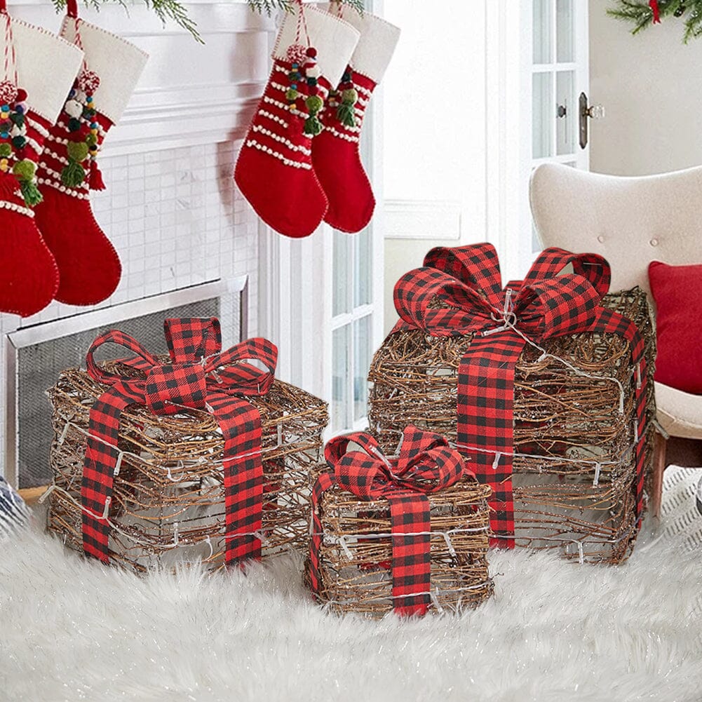 ‍Pre-Lit Woven Christmas Gift Box Set with Checked Bows (100% off) Living and Home 