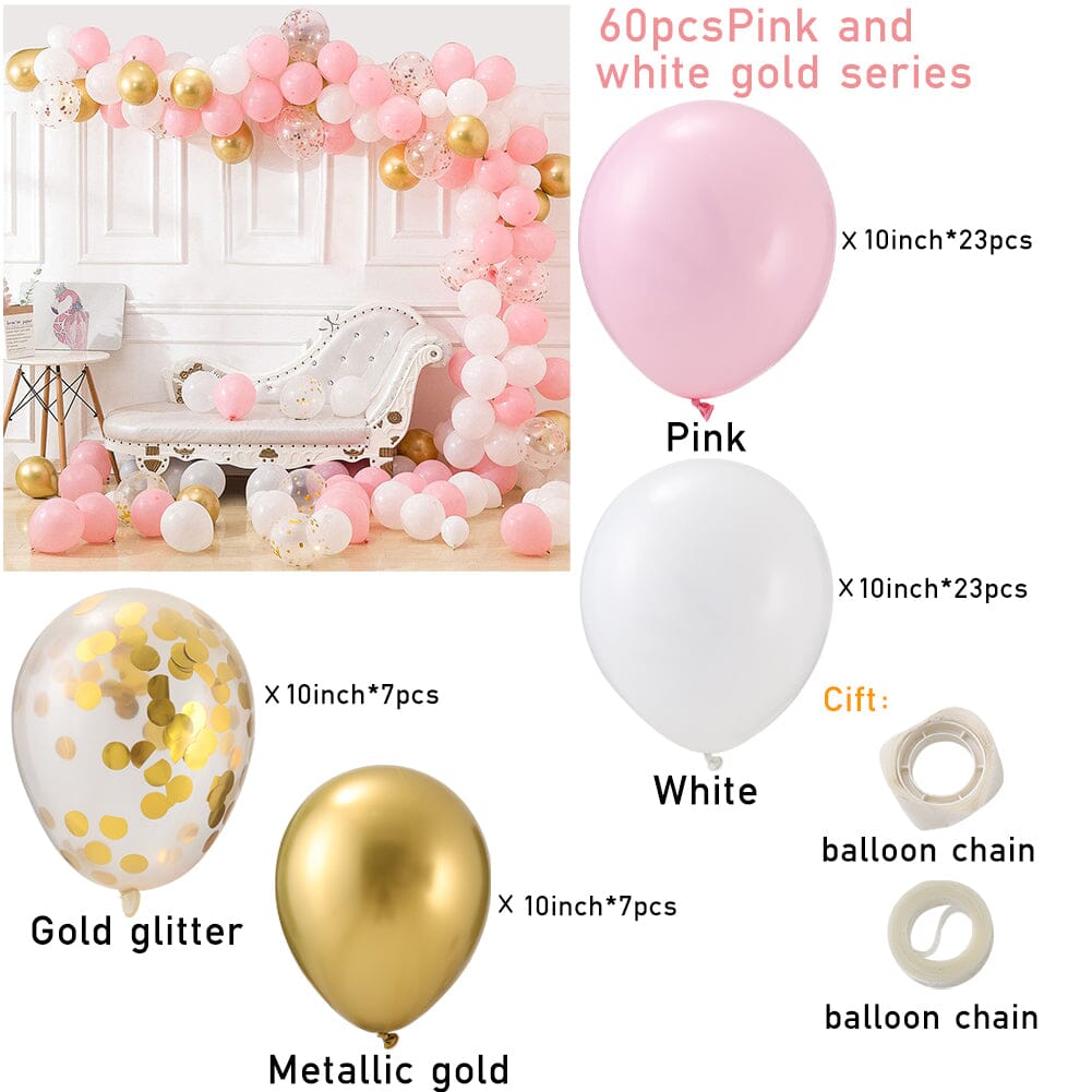 Wedding & Birthday Balloon Garland Kit – Multi-Colour Macaron, Metallic & Polka Dot Series Living and Home Pink White Gold Bright Series – 60 pcs 