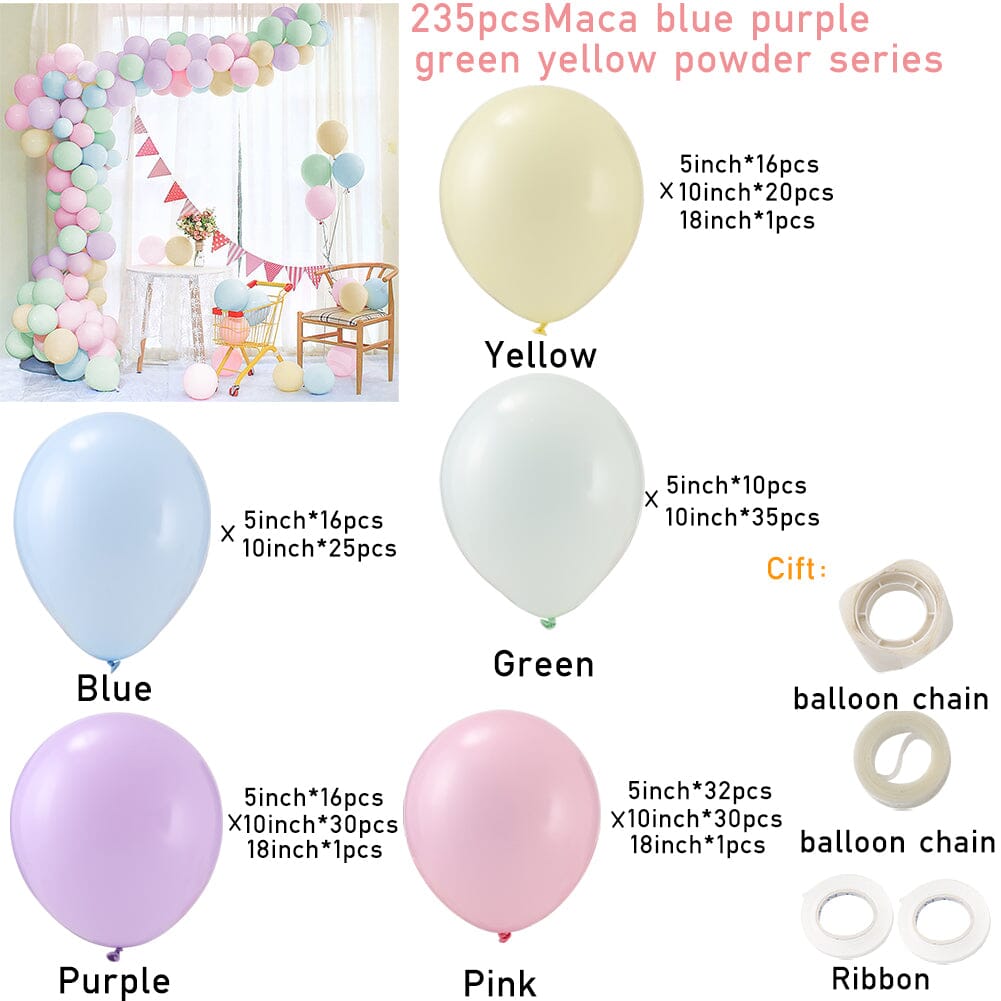 Wedding & Birthday Balloon Garland Kit – Multi-Colour Macaron, Metallic & Polka Dot Series Living and Home Macaron Blue Purple Green Yellow Pink Series – 235 pcs 