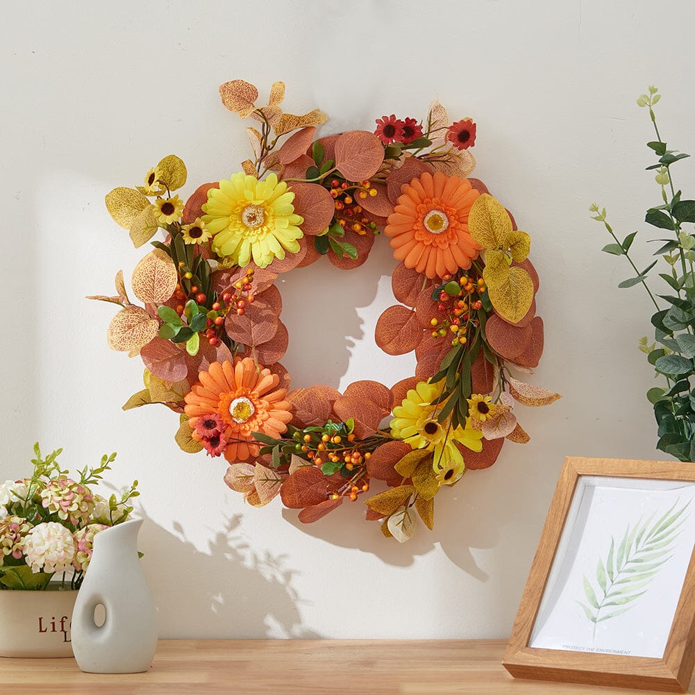 Autumn Maple Leaf & Pumpkin Wreath with Warm Copper Wire Lights – 50cm Living and Home 