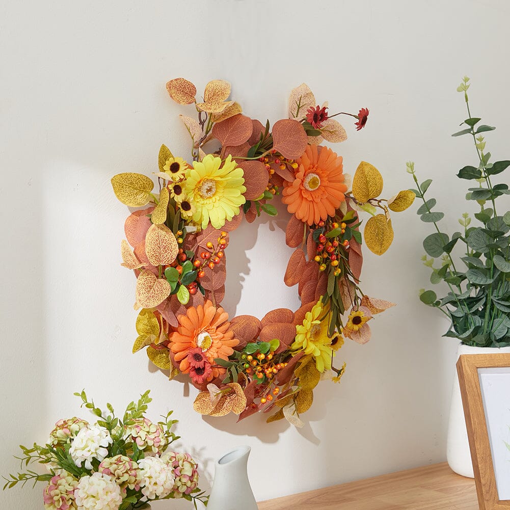 Autumn Maple Leaf & Pumpkin Wreath with Warm Copper Wire Lights – 50cm Living and Home 