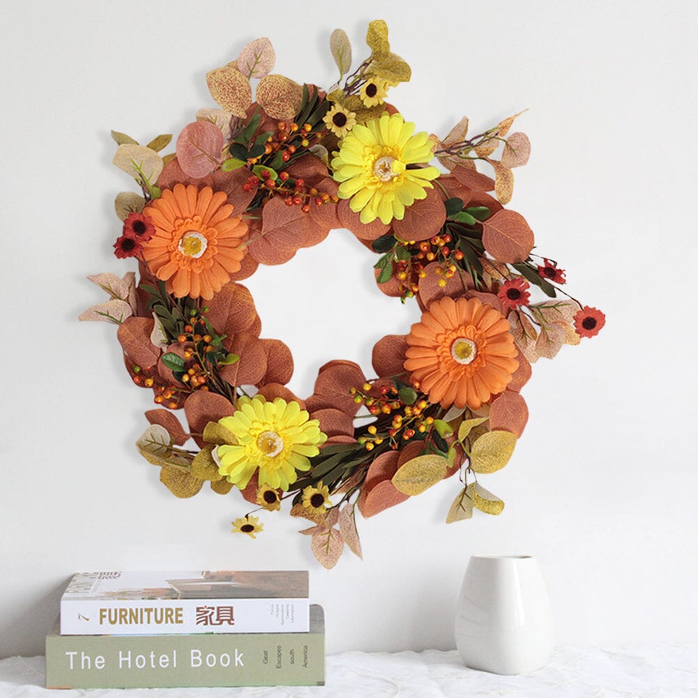 Autumn Maple Leaf & Pumpkin Wreath with Warm Copper Wire Lights – 50cm Living and Home 