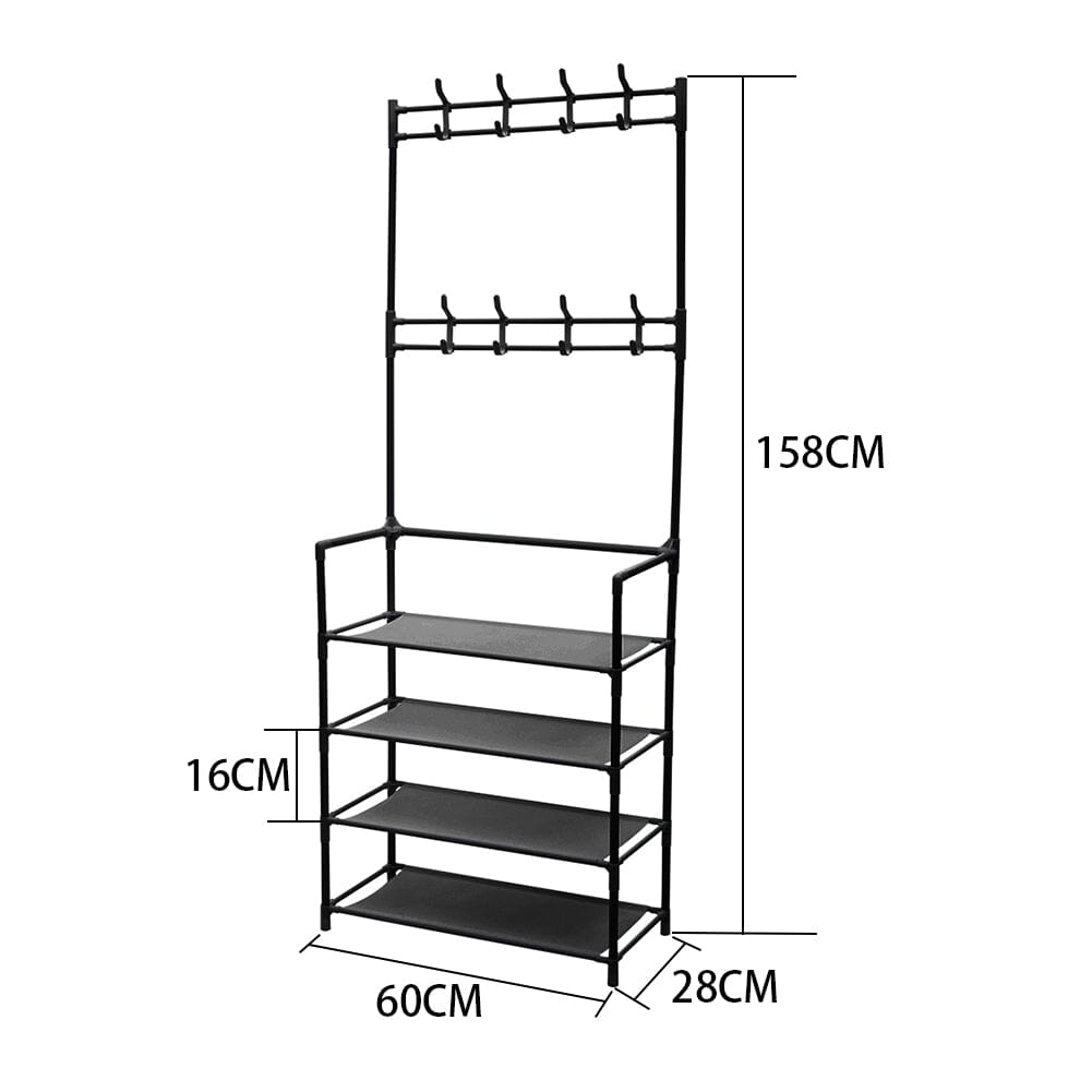 Modern 4-Tier Coat and Shoe Rack with Hooks - Black Living and Home 