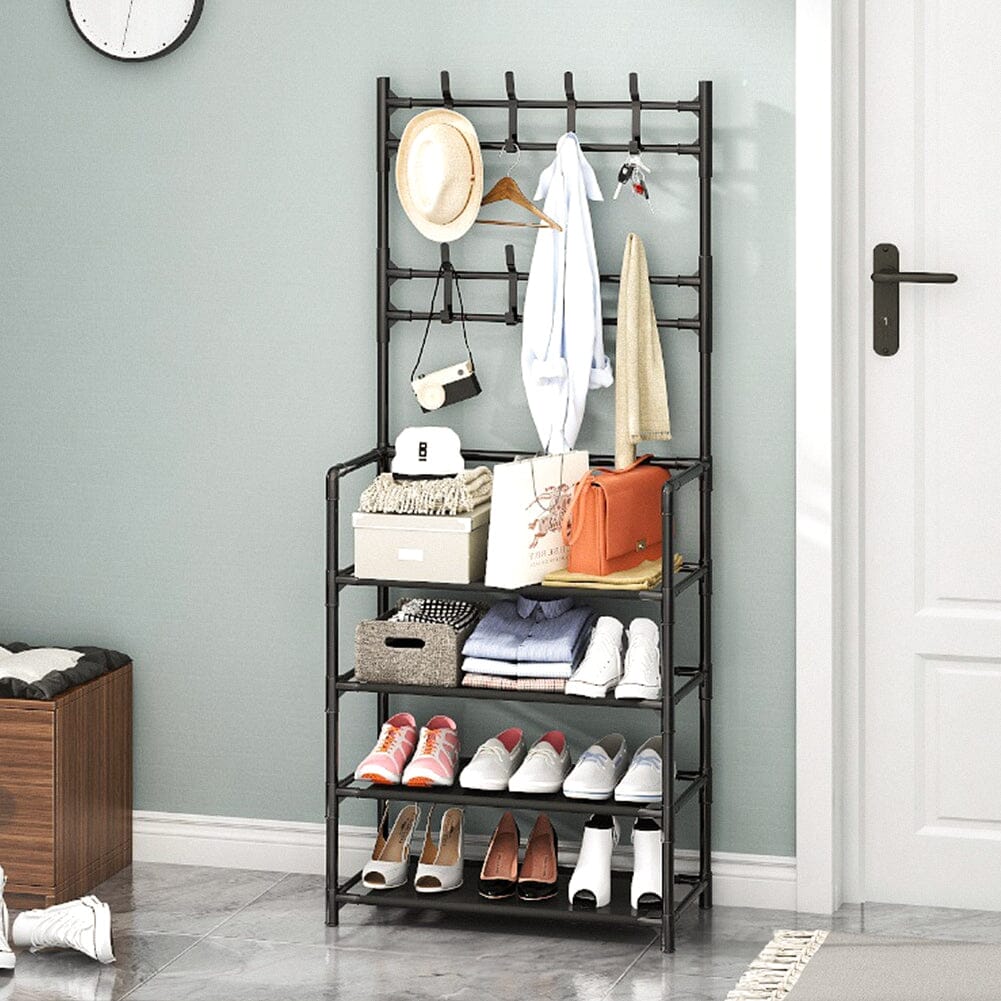 Modern 4-Tier Coat and Shoe Rack with Hooks - Black Living and Home 