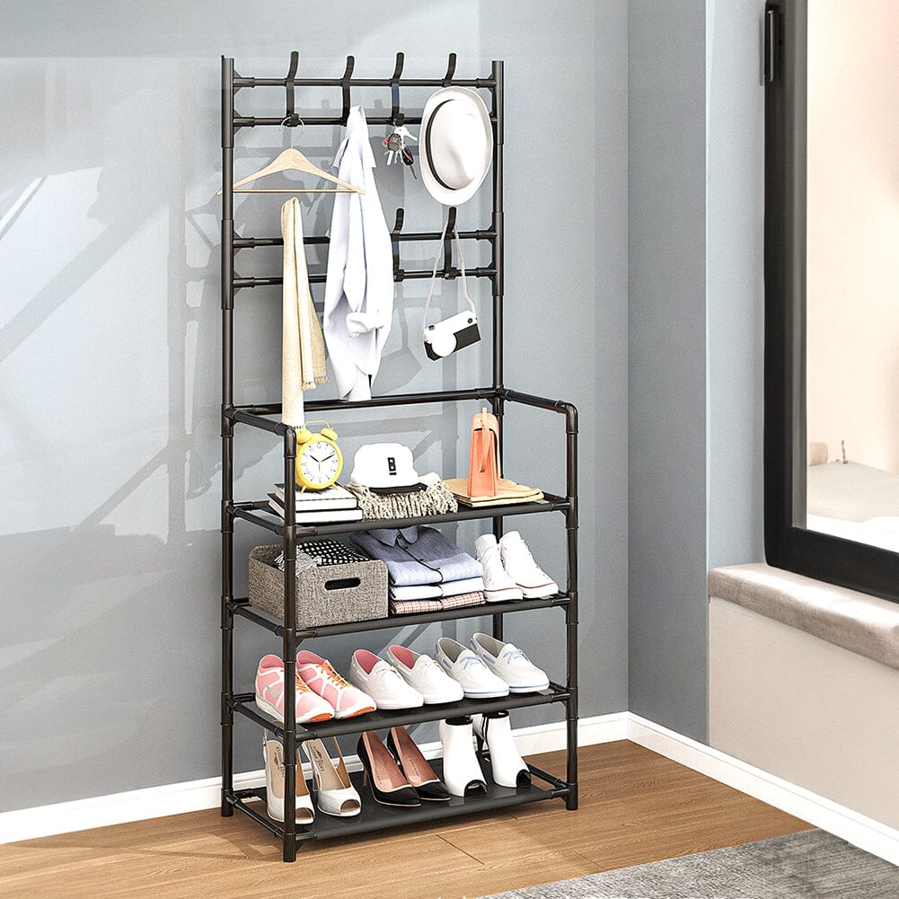 Modern 4-Tier Coat and Shoe Rack with Hooks - Black Living and Home 