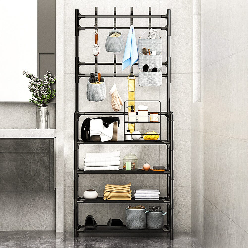 Modern 4-Tier Coat and Shoe Rack with Hooks - Black Living and Home 