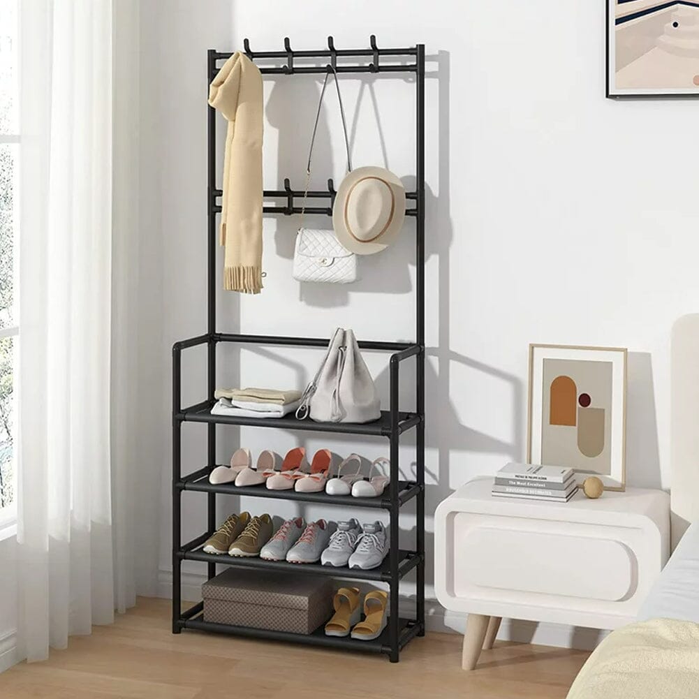 Modern 4-Tier Coat and Shoe Rack with Hooks - Black Living and Home 