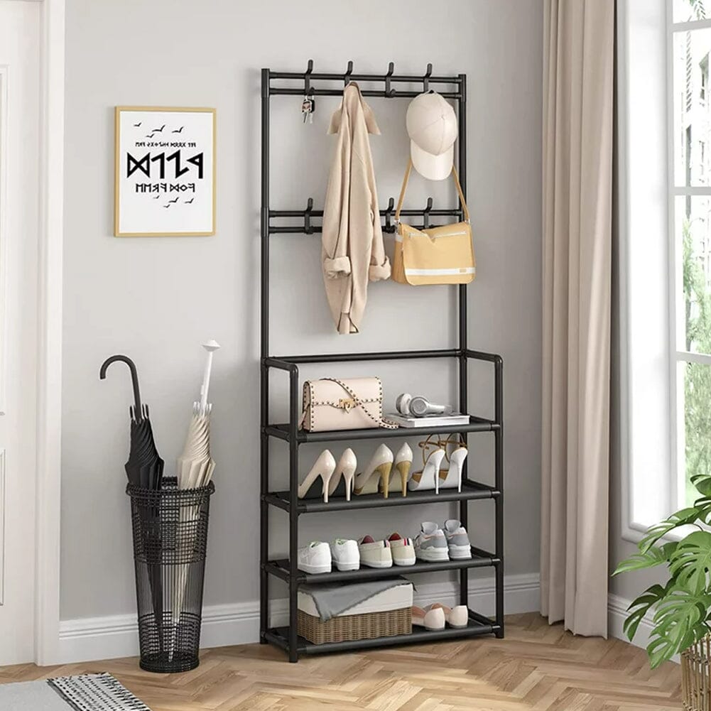 Modern 4-Tier Coat and Shoe Rack with Hooks - Black Living and Home 