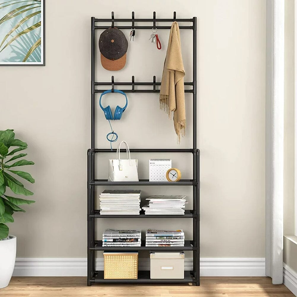 Modern 4-Tier Coat and Shoe Rack with Hooks - Black Living and Home 