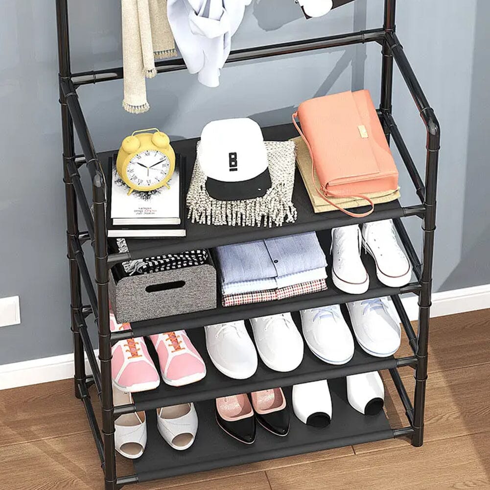 Modern 4-Tier Coat and Shoe Rack with Hooks - Black Living and Home 