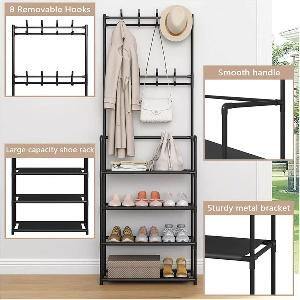 Modern 4-Tier Coat and Shoe Rack with Hooks - Black Living and Home 