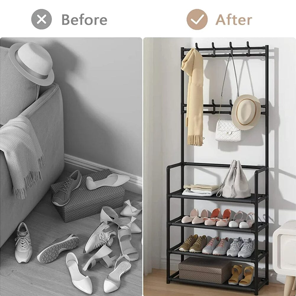 Modern 4-Tier Coat and Shoe Rack with Hooks - Black Living and Home 