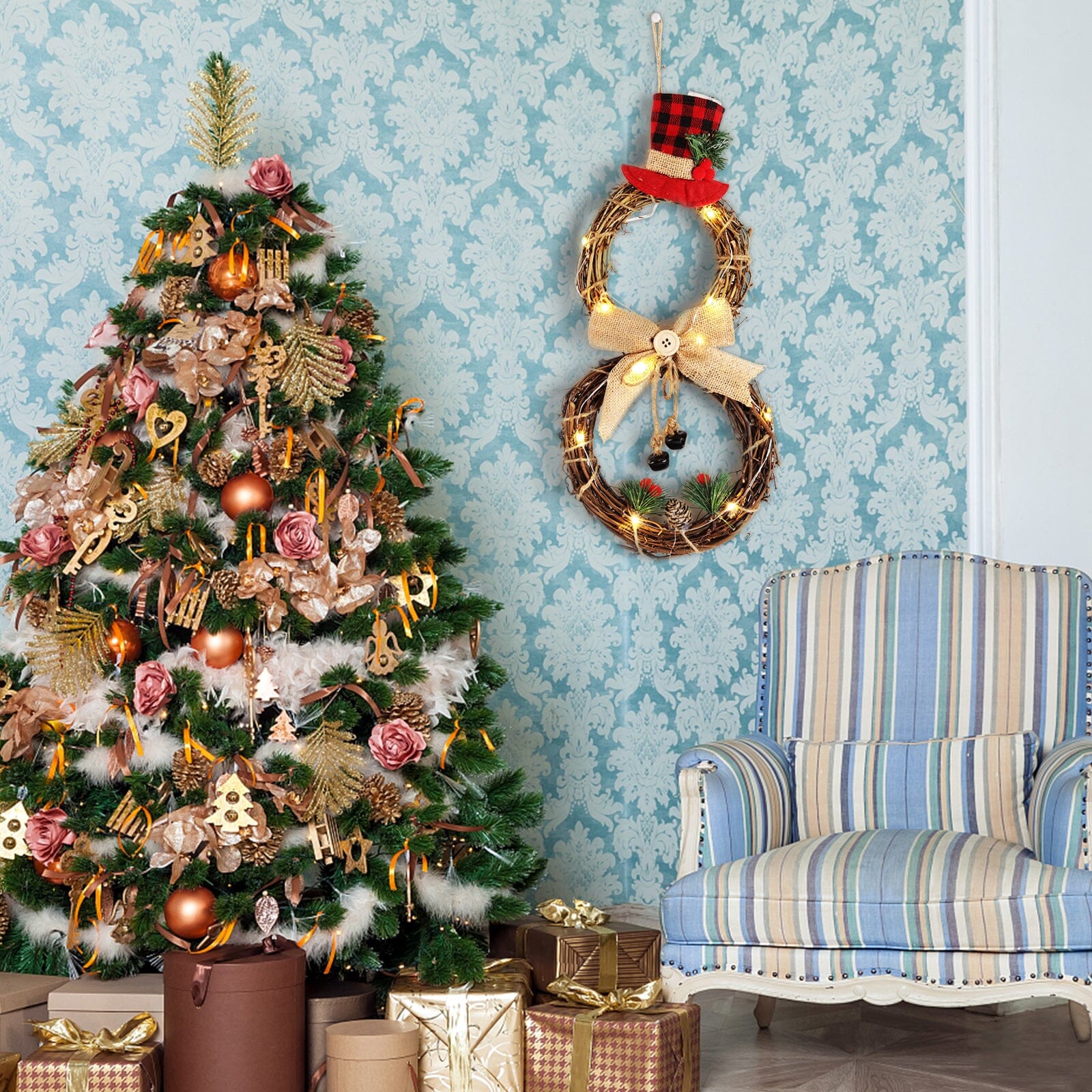 Christmas Snowman Wreath 40x20cm with LED Lights Living and Home 