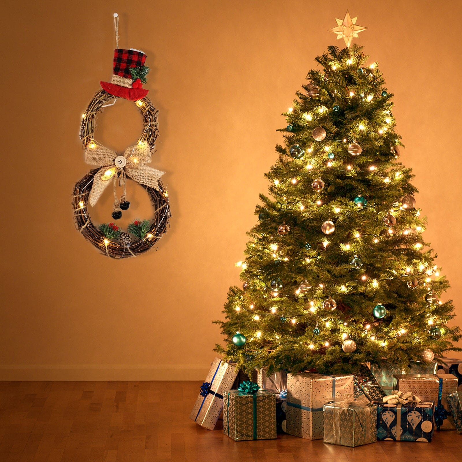 Christmas Snowman Wreath 40x20cm with LED Lights Living and Home 