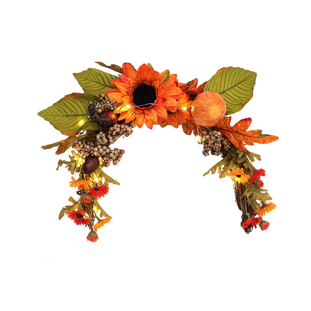 Autumn Sunflower & Chrysanthemum Wreath with Copper Wire Lights – 35cm Harvest Hanging Decor Living and Home 