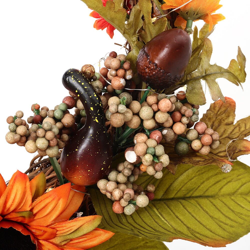 Autumn Sunflower & Chrysanthemum Wreath with Copper Wire Lights – 35cm Harvest Hanging Decor Living and Home 