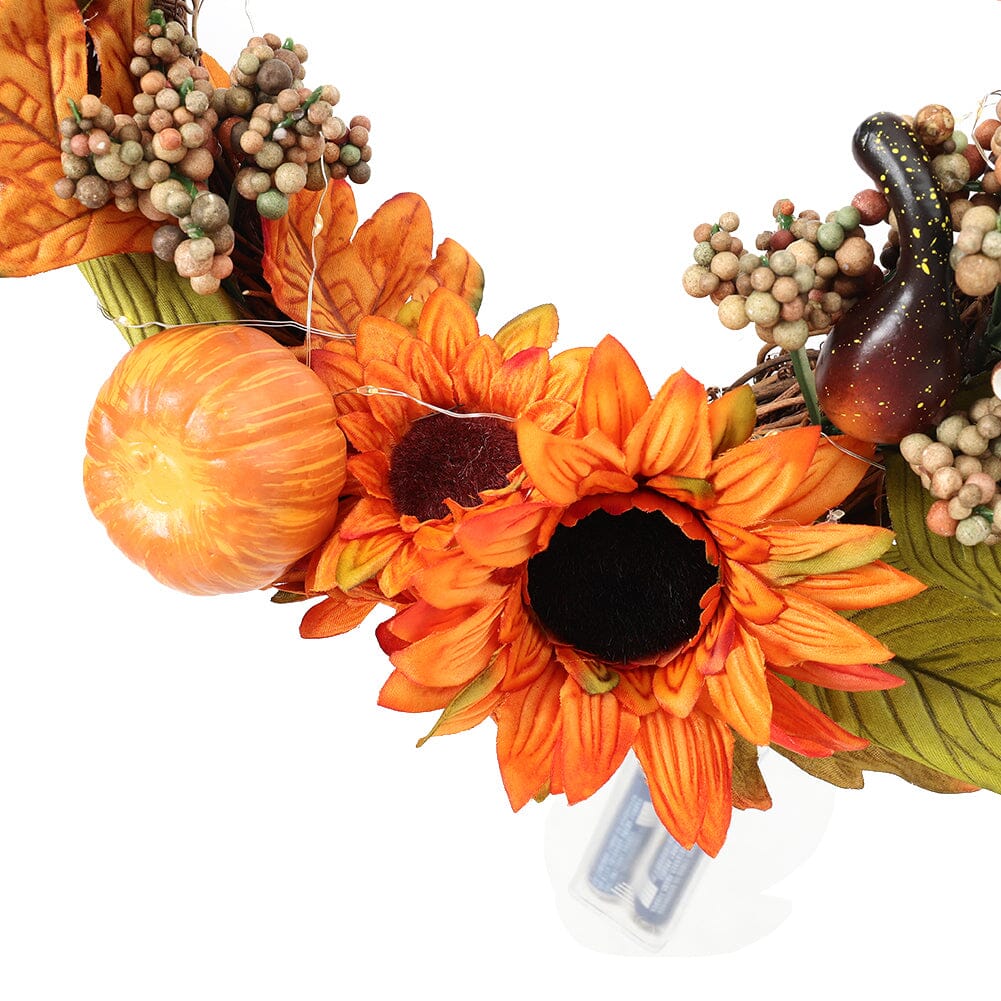 Autumn Sunflower & Chrysanthemum Wreath with Copper Wire Lights – 35cm Harvest Hanging Decor Living and Home 