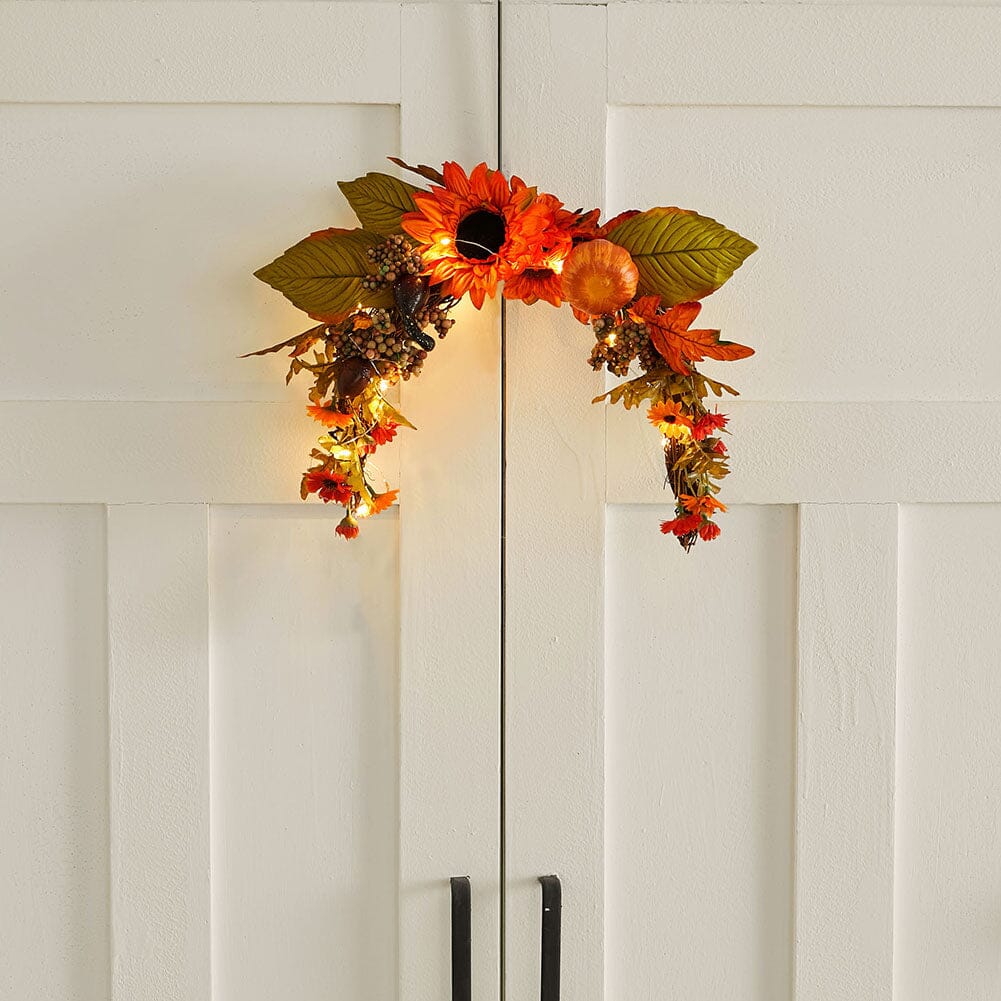Autumn Sunflower & Chrysanthemum Wreath with Copper Wire Lights – 35cm Harvest Hanging Decor Living and Home 